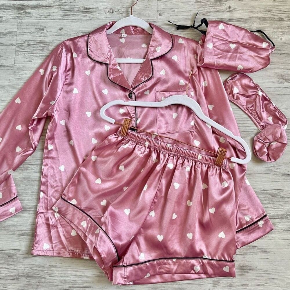 4 pcs Pink Heart Pajama Set with Eye Mask and Hair scrunchie